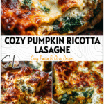 Freshly baked Pumpkin Spinach Ricotta Lasagne with golden cheesy topping in a rustic pan 26
